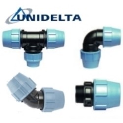 Фітинги Unidelta, d 16-110 мм, затискні, компресійні деталі для PE та PP труб