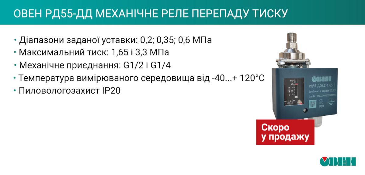 Характеристики Овен РД55-ДД механічне реле перепаду тиску