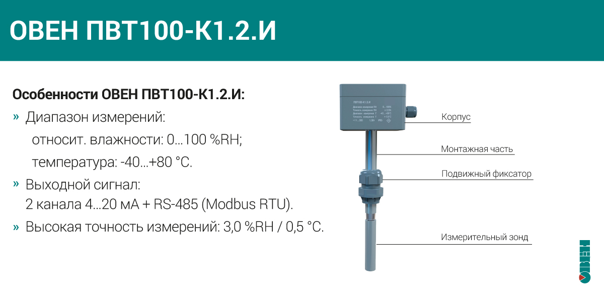 Характеристики датчика температуры и влажности внутри канала ОВЕН ПВТ100-К1.2.И