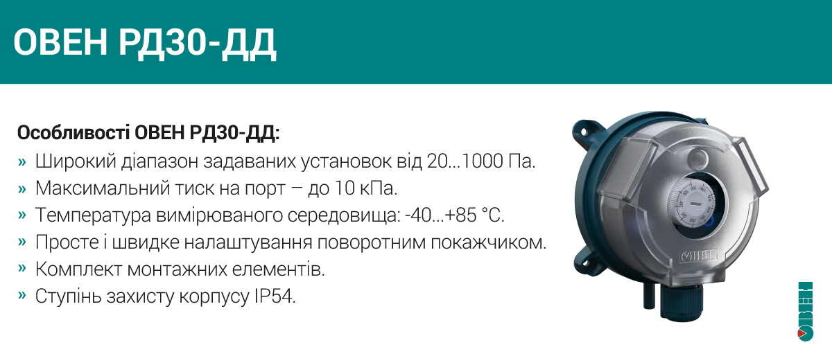 Характеристики механічного реле перепаду тиску ОВЕН РД30-ДД